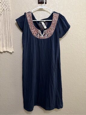Lucky Brand Dress Women's M Navy Blue Cotton Embroidered Short Sleeve